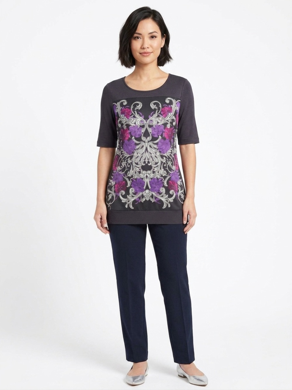 Apt. 9 Black Top with Purple and Pink Floral Scroll Design